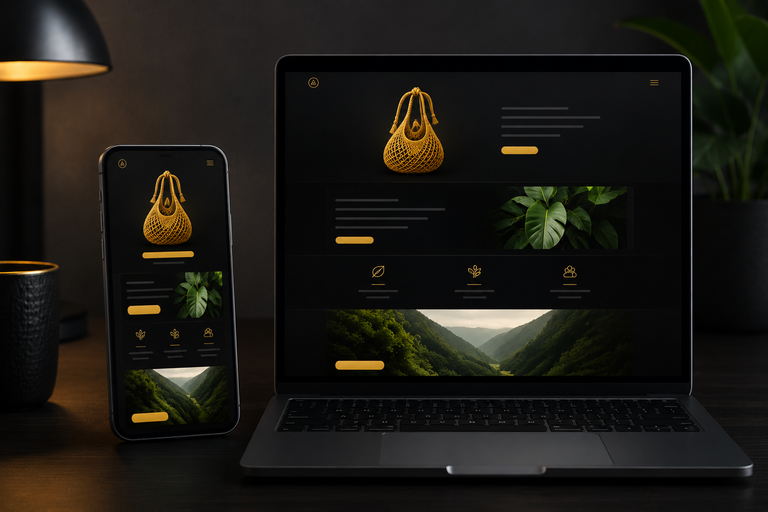 Website mockups shown on phone and laptop
